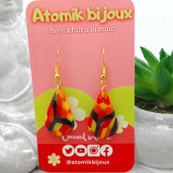 Handmade black, yellow, red and orange polymer clay earrings. Boucles d'oreilles - Picture 1 of 6